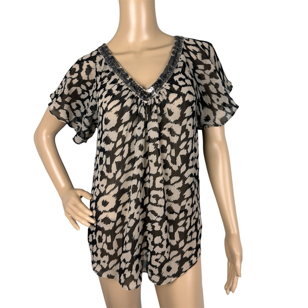 express leopard Animal Print Sheer Sequin V-neck Short‎ Sleeve Top